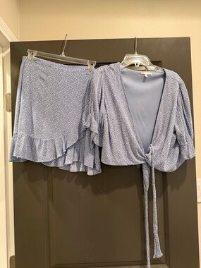 Gianni Bini Light Blue Floral Wrap Top and Ruffle Skirt Set